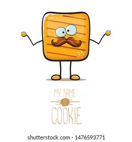 vector funny hand drawn square cracker homemade chip cookie character isolated on white background. My name is cookie concept illustration. funky food character or bakery label mascot