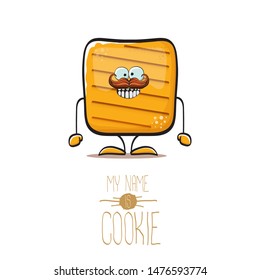 vector funny hand drawn square cracker homemade chip cookie character isolated on white background. My name is cookie concept illustration. funky food character or bakery label mascot