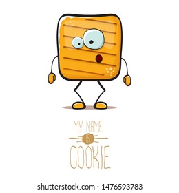 vector funny hand drawn square cracker homemade chip cookie character isolated on white background. My name is cookie concept illustration. funky food character or bakery label mascot