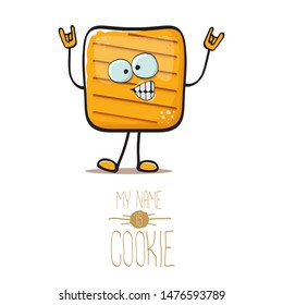 vector funny hand drawn square cracker homemade chip cookie character isolated on white background. My name is cookie concept illustration. funky food character or bakery label mascot