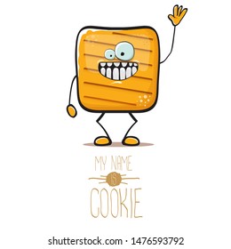 vector funny hand drawn square cracker homemade chip cookie character isolated on white background. My name is cookie concept illustration. funky food character or bakery label mascot