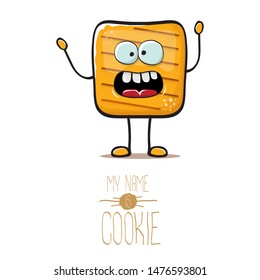 vector funny hand drawn square cracker homemade chip cookie character isolated on white background. My name is cookie concept illustration. funky food character or bakery label mascot