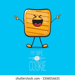 vector funny hand drawn square cracker homemade chip cookie character isolated on blue background. My name is cookie concept illustration. funky food character or bakery label mascot