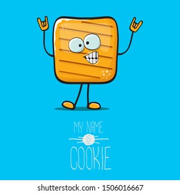 vector funny hand drawn square cracker homemade chip cookie character isolated on blue background. My name is cookie concept illustration. funky food character or bakery label mascot
