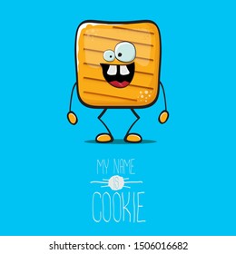 vector funny hand drawn square cracker homemade chip cookie character isolated on blue background. My name is cookie concept illustration. funky food character or bakery label mascot