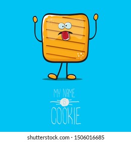 vector funny hand drawn square cracker homemade chip cookie character isolated on blue background. My name is cookie concept illustration. funky food character or bakery label mascot