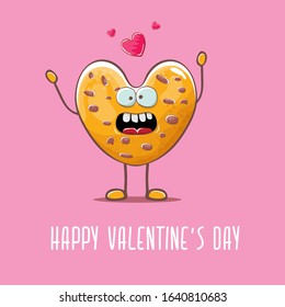 vector funny hand drawn valentines day greeting card with homemade chocolate chip heart shape cookie character isolated on pink background. Happy Valentines day cartoon pink banner or poster.