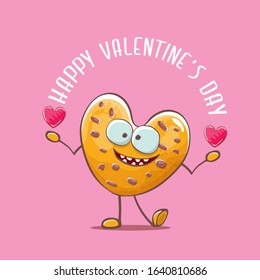 vector funny hand drawn valentines day greeting card with homemade chocolate chip heart shape cookie character isolated on pink background. Happy Valentines day cartoon pink banner or poster.