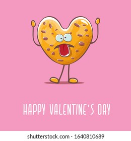 vector funny hand drawn valentines day greeting card with homemade chocolate chip heart shape cookie character isolated on pink background. Happy Valentines day cartoon pink banner or poster.