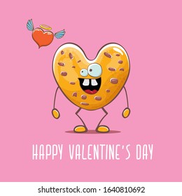 vector funny hand drawn valentines day greeting card with homemade chocolate chip heart shape cookie character isolated on pink background. Happy Valentines day cartoon pink banner or poster.