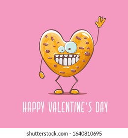 vector funny hand drawn valentines day greeting card with homemade chocolate chip heart shape cookie character isolated on pink background. Happy Valentines day cartoon pink banner or poster.