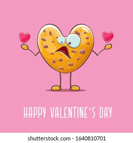 vector funny hand drawn valentines day greeting card with homemade chocolate chip heart shape cookie character isolated on pink background. Happy Valentines day cartoon pink banner or poster.