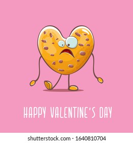 vector funny hand drawn valentines day greeting card with homemade chocolate chip heart shape cookie character isolated on pink background. Happy Valentines day cartoon pink banner or poster.