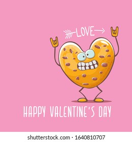 vector funny hand drawn valentines day greeting card with homemade chocolate chip heart shape cookie character isolated on pink background. Happy Valentines day cartoon pink banner or poster.
