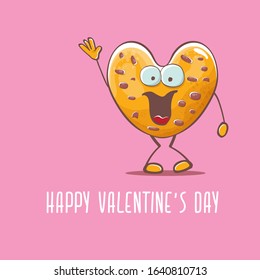 vector funny hand drawn valentines day greeting card with homemade chocolate chip heart shape cookie character isolated on pink background. Happy Valentines day cartoon pink banner or poster.
