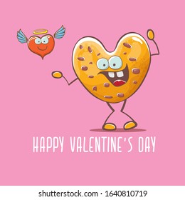 vector funny hand drawn valentines day greeting card with homemade chocolate chip heart shape cookie character isolated on pink background. Happy Valentines day cartoon pink banner or poster.