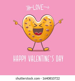 vector funny hand drawn valentines day greeting card with homemade chocolate chip heart shape cookie character isolated on pink background. Happy Valentines day cartoon pink banner or poster.