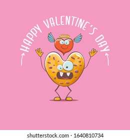 vector funny hand drawn valentines day greeting card with homemade chocolate chip heart shape cookie character isolated on pink background. Happy Valentines day cartoon pink banner or poster.