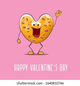 vector funny hand drawn valentines day greeting card with homemade chocolate chip heart shape cookie character isolated on pink background. Happy Valentines day cartoon pink banner or poster.