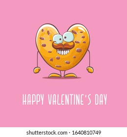 vector funny hand drawn valentines day greeting card with homemade chocolate chip heart shape cookie character isolated on pink background. Happy Valentines day cartoon pink banner or poster.