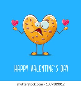 tarjeta de saludo de día de vectores con forma de corazón casera dibujada a mano con San Valentín, personaje de galleta aislado en fondo azul. Feliz Día de San Valentín caricatura, bandera azul o afiche.