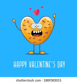 tarjeta de saludo de día de vectores con forma de corazón casera dibujada a mano con San Valentín, personaje de galleta aislado en fondo azul. Feliz Día de San Valentín caricatura, bandera azul o afiche.