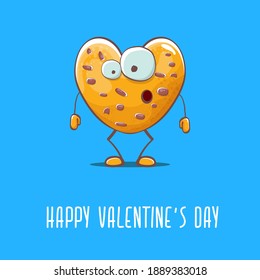 vector funny hand drawn valentines day greeting card with homemade heart shape cookie character isolated on blue background. Happy Valentines day cartoon blue banner or poster.