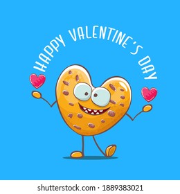 tarjeta de saludo de día de vectores con forma de corazón casera dibujada a mano con San Valentín, personaje de galleta aislado en fondo azul. Feliz Día de San Valentín caricatura, bandera azul o afiche.
