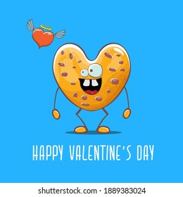vector funny hand drawn valentines day greeting card with homemade heart shape cookie character isolated on blue background. Happy Valentines day cartoon blue banner or poster.