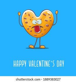 vector funny hand drawn valentines day greeting card with homemade heart shape cookie character isolated on blue background. Happy Valentines day cartoon blue banner or poster.