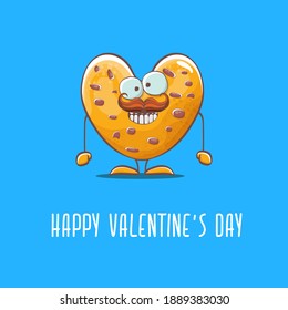 vector funny hand drawn valentines day greeting card with homemade heart shape cookie character isolated on blue background. Happy Valentines day cartoon blue banner or poster.