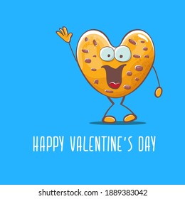 tarjeta de saludo de día de vectores con forma de corazón casera dibujada a mano con San Valentín, personaje de galleta aislado en fondo azul. Feliz Día de San Valentín caricatura, bandera azul o afiche.