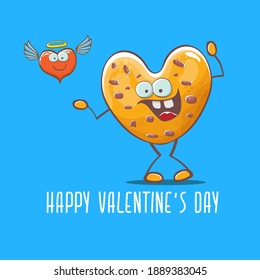 vector funny hand drawn valentines day greeting card with homemade heart shape cookie character isolated on blue background. Happy Valentines day cartoon blue banner or poster.