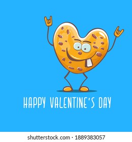 vector funny hand drawn valentines day greeting card with homemade heart shape cookie character isolated on blue background. Happy Valentines day cartoon blue banner or poster.