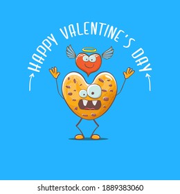 vector funny hand drawn valentines day greeting card with homemade heart shape cookie character isolated on blue background. Happy Valentines day cartoon blue banner or poster.