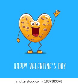 vector funny hand drawn valentines day greeting card with homemade heart shape cookie character isolated on blue background. Happy Valentines day cartoon blue banner or poster.