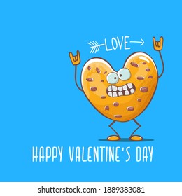 tarjeta de saludo de día de vectores con forma de corazón casera dibujada a mano con San Valentín, personaje de galleta aislado en fondo azul. Feliz Día de San Valentín caricatura, bandera azul o afiche.