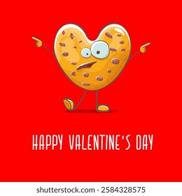 vector funny hand drawn valentines day greeting card with homemade chocolate chip heart shape cookie character isolated on red background. Happy Valentines day cartoon red banner or poster.