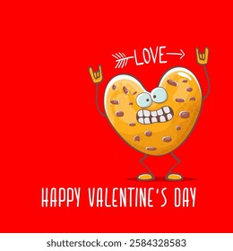 vector funny hand drawn valentines day greeting card with homemade chocolate chip heart shape cookie character isolated on red background. Happy Valentines day cartoon red banner or poster.