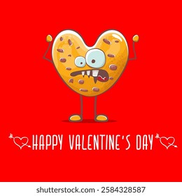 vector funny hand drawn valentines day greeting card with homemade chocolate chip heart shape cookie character isolated on red background. Happy Valentines day cartoon red banner or poster.