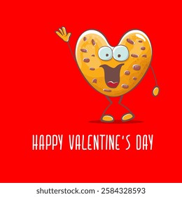 vector funny hand drawn valentines day greeting card with homemade chocolate chip heart shape cookie character isolated on red background. Happy Valentines day cartoon red banner or poster.