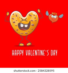 vector funny hand drawn valentines day greeting card with homemade chocolate chip heart shape cookie character isolated on red background. Happy Valentines day cartoon red banner or poster.