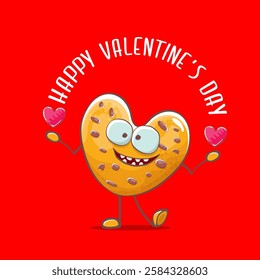 vector funny hand drawn valentines day greeting card with homemade chocolate chip heart shape cookie character isolated on red background. Happy Valentines day cartoon red banner or poster.