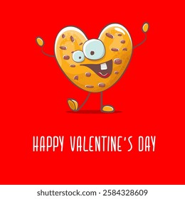 vector funny hand drawn valentines day greeting card with homemade chocolate chip heart shape cookie character isolated on red background. Happy Valentines day cartoon red banner or poster.