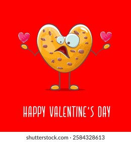 vector funny hand drawn valentines day greeting card with homemade chocolate chip heart shape cookie character isolated on red background. Happy Valentines day cartoon red banner or poster.