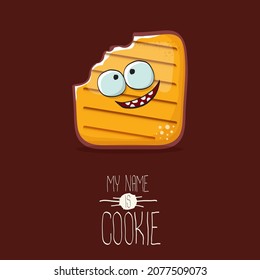 vector funny hand-drawn cookie character isolated on brown background. My name is cookie concept illustration. funky food character or bakery label mascot