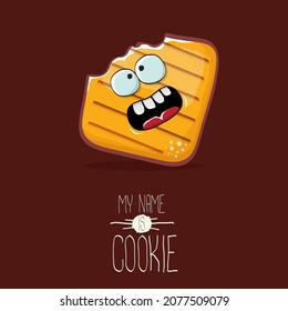 vector funny hand-drawn cookie character isolated on brown background. My name is cookie concept illustration. funky food character or bakery label mascot