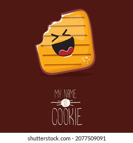Vektorgrafik-lustige handgezeichnete Cookie-Figur einzeln auf braunem Hintergrund. Mein Name ist Cookie Concept Illustration. Funkelmaskottchen mit Lebensmittelcharakter oder Bäckereietikett