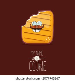 vector funny hand-drawn cookie character isolated on brown background. My name is cookie concept illustration. funky food character or bakery label mascot