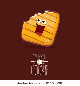 vector funny hand-drawn cookie character isolated on brown background. My name is cookie concept illustration. funky food character or bakery label mascot